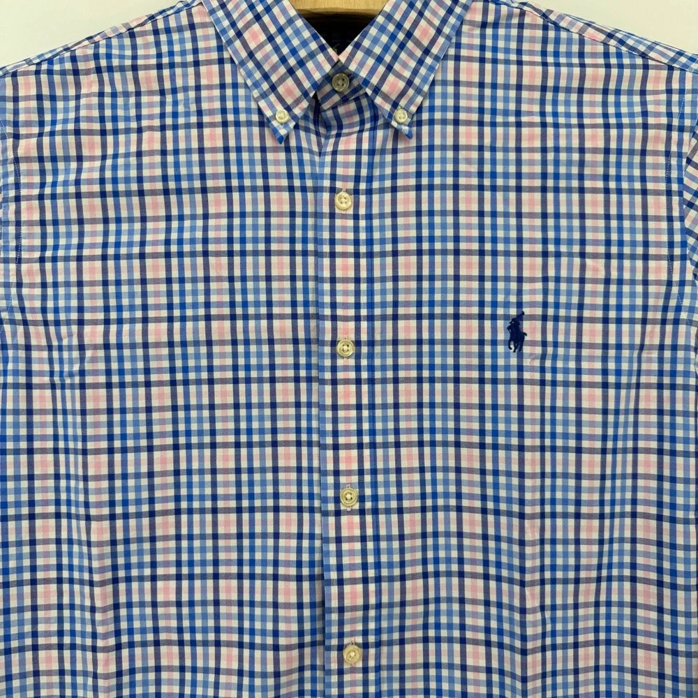 Polo Ralph Lauren Button Down Mens Large Blue Pink Check Performance Classic Fit